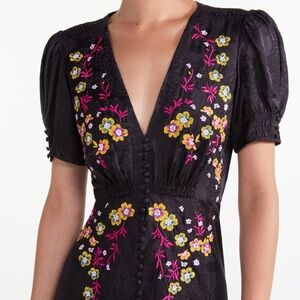 SALONI black silk embroidered cocktail bias cut midi dress US 4 UK 8